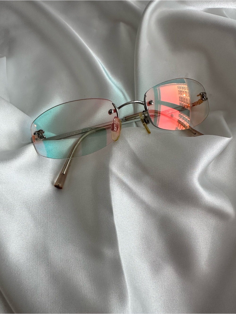 RARE Chanel  Holographic Multi Color CC Gold Rimless Kylie Sunglasses #086